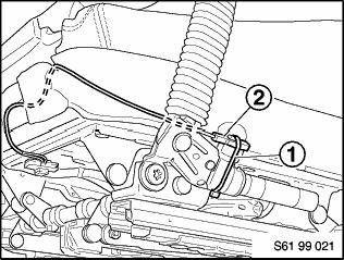 9. Push forward on the insulating tube (1) and secure tensioner ignition harness to the seat harness by means of a fabric tape (2). 10. Install front seat. 11. Connect seat wiring harness connectors.