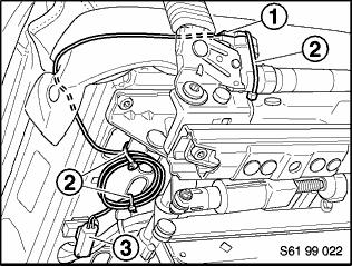 5. Route the seat section of the new harness (P/N 61 12 6 908 853) thorough the seat frame, securing it with two wire ties (2) in loops underneath the seat upholstery (as shown on the illustration).