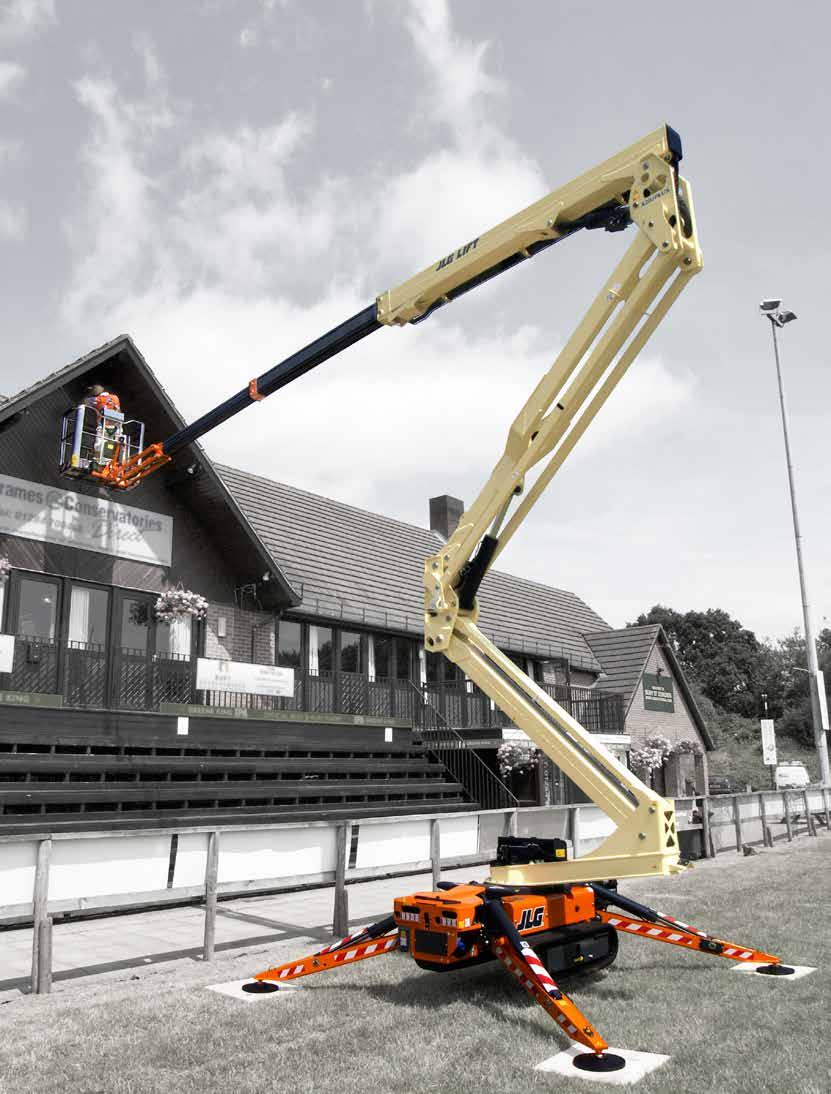 The JLG X-Series compact crawler boom lifts feature tracked wheel carriages that climb steps and a