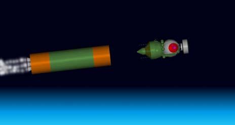 Graphic representation of separation of central core stage (Image: ESA) Launch of a Soyuz-U carrying the Progress M1-11 supply ship to the ISS. 29 January 2004.