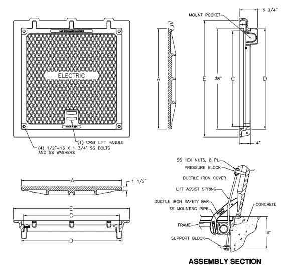 cover in open position Furnished with hex head bolts and washers Innovative hinge allows cover to be completely removed Frame can be installed separately adding cover and spring assembly later Spring