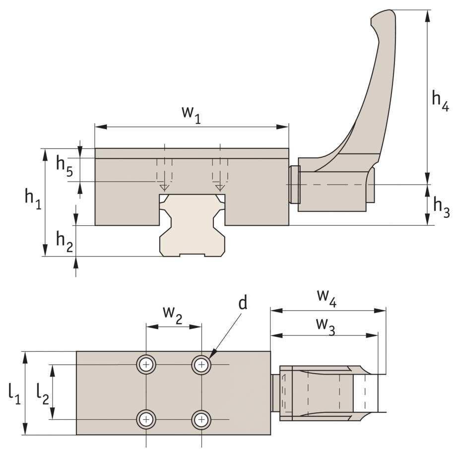 Rail Clamp manual Linear Guideways L1016.CL Material Aluminium body, steel contact faces. Technical notes The manual rail clamps are used in conjunction with the rail carriages L1016.F and L1016.