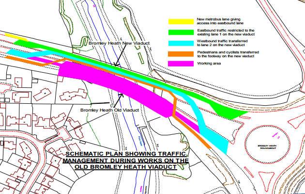Bromley Heath Viaduct traffic management The current four lanes will reduce to one lane in each
