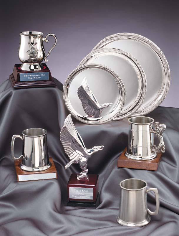 Silver Plated Trays and Accessories SILVER PLATED T3008-8 T3010-10 T3012-12 GC802-18 oz. NICKEL PLATED TANKARD ON WOOD BASE BASE 5¾ SQ. x 6¼ H PMT4-16 oz.