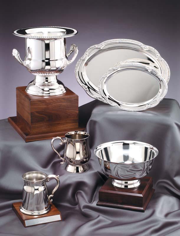 T-910 SILVER PLATED WINE COOLER - 9 Silver Plated Trays and Accessories SILVER PLATED T3017 6¾ x 9½ T3019 8¾ x 12¼ W316L WALNUT BASE - 7¾ PMT3-16 oz. PEWTER TANKARD GC900-18 oz.