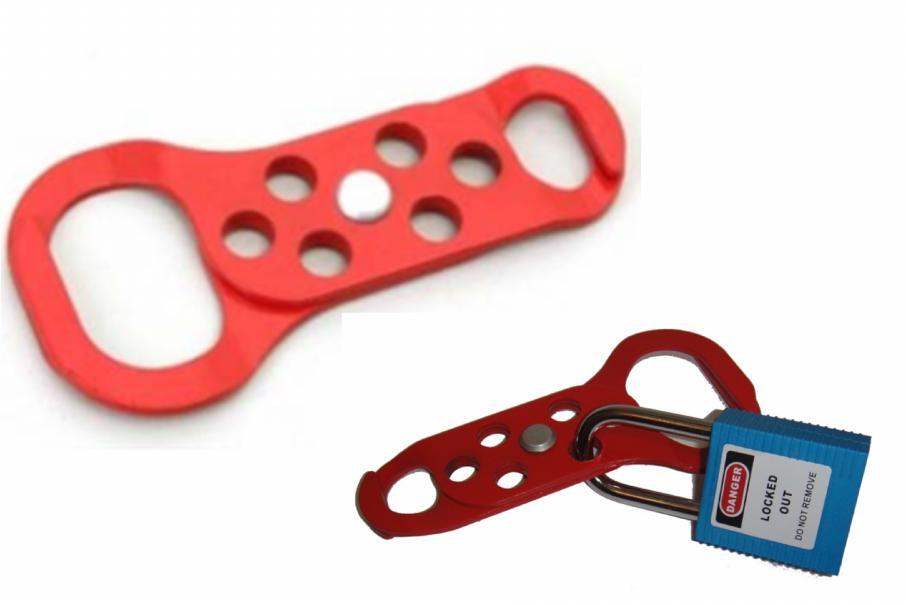 KRM LOTO UNIVERSAL DUAL JAW HASP WITH 6HOLES KRM LOTO UNIVERSAL DUAL JAW LOCKOUT HASP MADE OF STEEL METAL SHEET WITH POWDER COATED FINISHING ---IT IS HEAVY DUTY