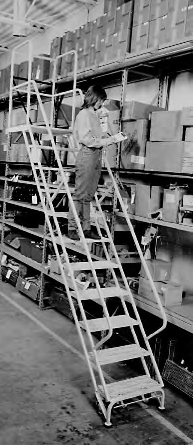 These ladders have a smooth rolling upper track fixture and wheels on the floor that allow easy movement of the ladder along the entire length of the track.