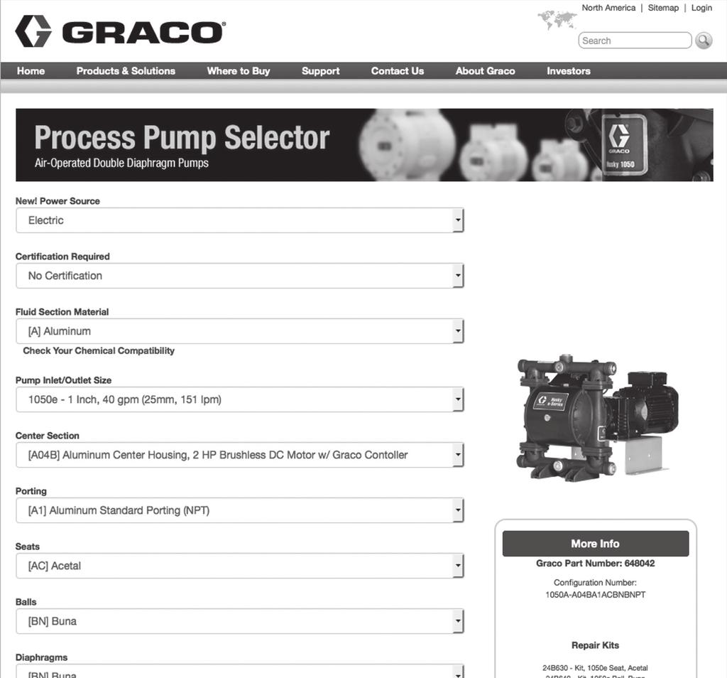 Husky 1050e Pumps Electric Double Diaphragm Selector Tool To order a Husky 1050e, use the online selector tool at www.graco.com/pumpselectors or contact your distributor.