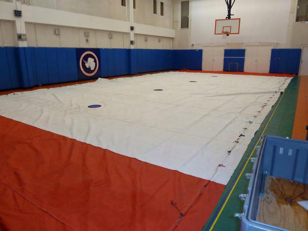 Drying the tent canvas in the South Pole gym