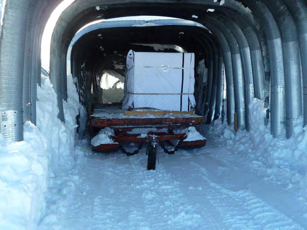 Blanketed pallets of ice core boxes in safe storage under the arches
