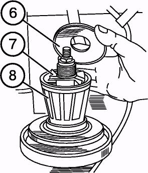 Insert the screwdriver (5) or a rod between the filter body and the rotor bottom to lock the rotor (3) against rotation and remove the rotor barrel (3) by turning the rotor nut with spanner (4).