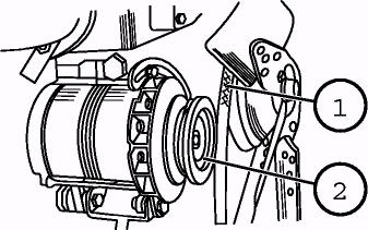 Section G. Maintenance Belarus 510/512 Operating manual Operation 33. Alternator Remove the driving belt (1) from the alternator pulley (2).