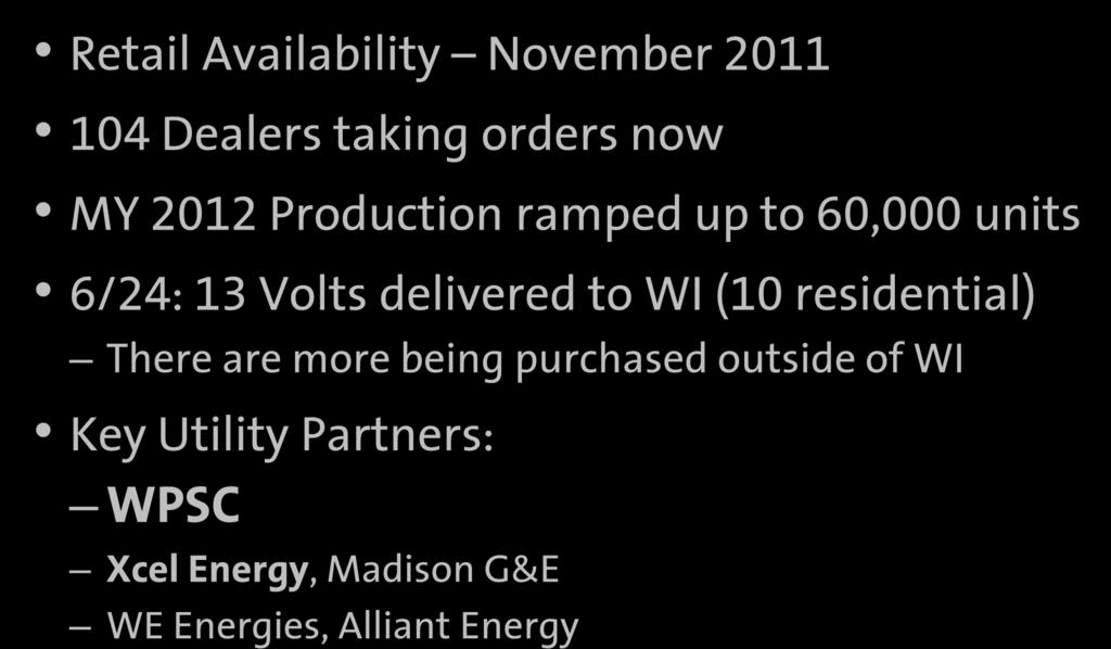 Volt Rollout Status - Wisconsin Retail Availability November 2011 104 Dealers