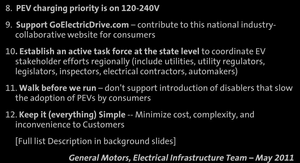Lessons Learned Top 12 List (page 2) 8. PEV charging priority is on 120-240V 9. Support GoElectricDrive.