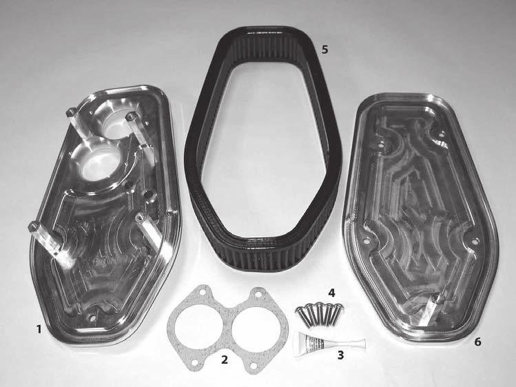Installation Installing the S&S Air Cleaner Assembly 1 Locate the S&S backplate, top cover plate, throttle body gasket, M6 fasteners, 243 Blue Loctite, and filter element in the air cleaner kit as