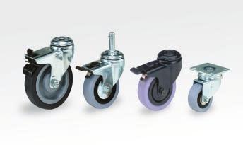 Stamped steel casters available as rigid, swivel and swivel with wheel brake. Swivel casters have an easy pivoting double-row ball bearing swivel.
