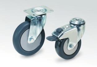 Swivel casters have a strong, easy pivoting double-row ball bearing swivel with dirt seal in the upper raceway.