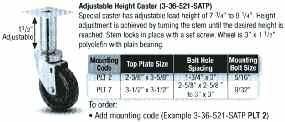 02 02J Pressed Steel SWIVEL & RIGID TOP PLATE OPTIONS Plate Plate Size Bolt Hole Spacing Bolt Size PLT1 1 2-3/8 x 3-5/8 1-3/4 x 3 1/4 PLT2 2-3/8 x 3-5/8 1-3/4 x 3 5/16 PLT3 3-1/8 x 4-1/8 2-3/8 x