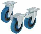 03 (LE) Pressed Steel - Medium Duty (EURO) LE SERIES BLUE ELASTIC RUBBER WHEELS LE Casters: Pressed steel, swivel bracket with double ball bearing in the reinforced swivel head, dynamically pressed