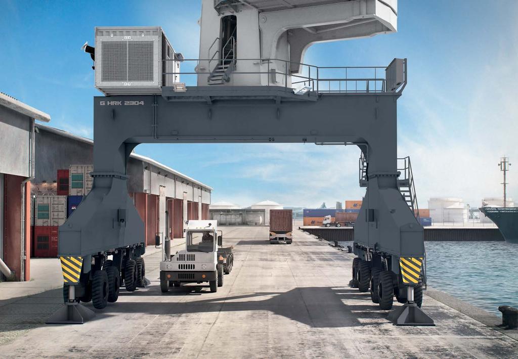 best solution where space is at a premium Model 2 G HRK Rubber-Tyred Portal Harbour Crane Good drive-under capability is a crucial factor for cargo handling cranes in smaller terminals because it