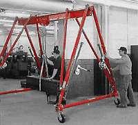 Gantry Crane A crane that lifts objects by a hoist hanging from a trolley and can move horizontally on a rail or pair of rails fitted