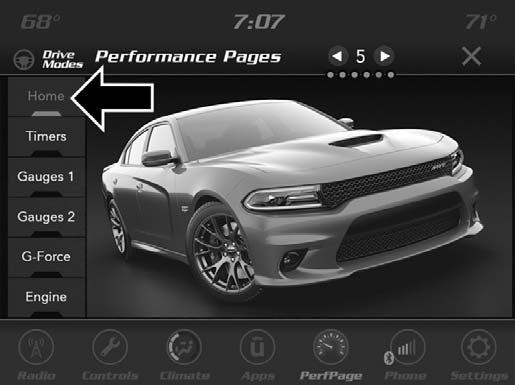 The following describes each feature and its operation: Home UNDERSTANDING YOUR INSTRUMENT PANEL 35 1 Challenger SRT Performance Pages Home Charger SRT Performance Pages Home When Home is selected,