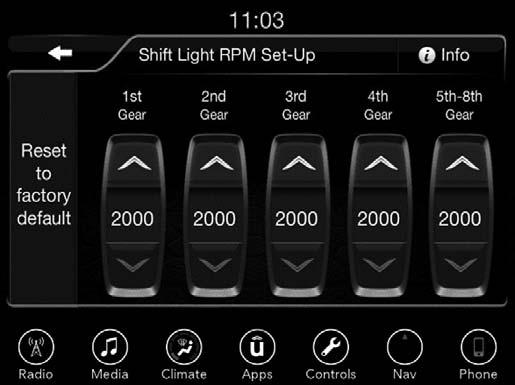 60 UNDERSTANDING YOUR INSTRUMENT PANEL The Shift Light RPM Set-Up allows you to set the shift light to actuate for gears 1, 2, 3, 4, and 5-8 (automatic transmission) 1, 2, 3, 4, and 5-6 (manual