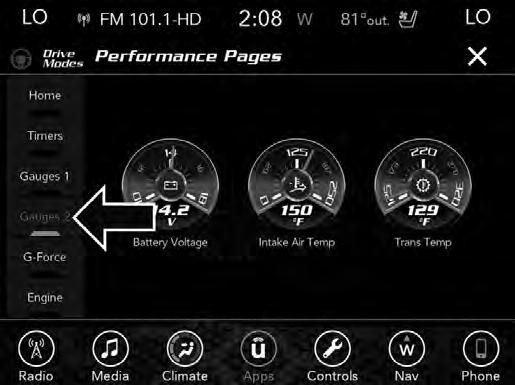 242 UNDERSTANDING YOUR INSTRUMENT PANEL Transmission Temperature (Automatic Transmission Only) Shows the actual transmission temperature. SRT Performance Pages Gauges 2 (6.