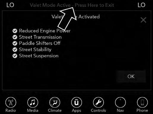 262 UNDERSTANDING YOUR INSTRUMENT PANEL While in Valet Mode, the following vehicle configurations are set and locked to prevent unauthorized modification: Engine limited to the lowest power output