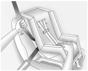 To tighten the belt, push down on the child restraint, pull the shoulder portion of the belt to tighten the lap portion of the belt, and feed the shoulder belt back into