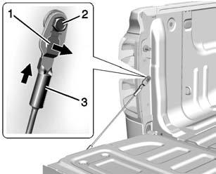 Keys, Doors, and Windows 2-11 To remove the tailgate: 1. Raise the tailgate and support it firmly. Pull out and hold the cable retaining clip (1). Push the cable (3) up and off of the bolt (2).