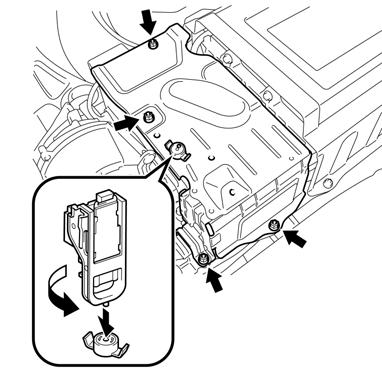 19. Remove the No. 1 hybrid battery exhaust duct. Caution: Wear insulated gloves for the following 2 steps. (1) Using the service plug grip, remove the battery cover lock striker.