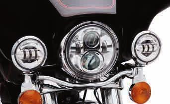 Headlamps feature horizontal D-shaped lenses that focus light into a pool in front of the motorcycle, and separate high beam and low beam projector lenses that provide a focused beam of light ahead.