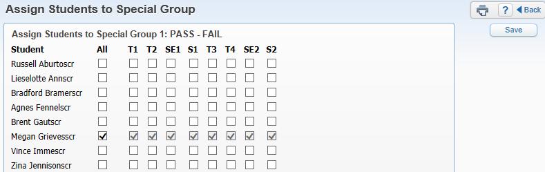 The Assign Students to Special Group screen allows you to select students that should be assigned to this group.