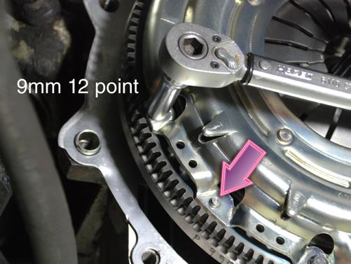 Install the Clutch Step 28 Using a 9mm 12-point socket, cross torque the pressure plate bolts to 20