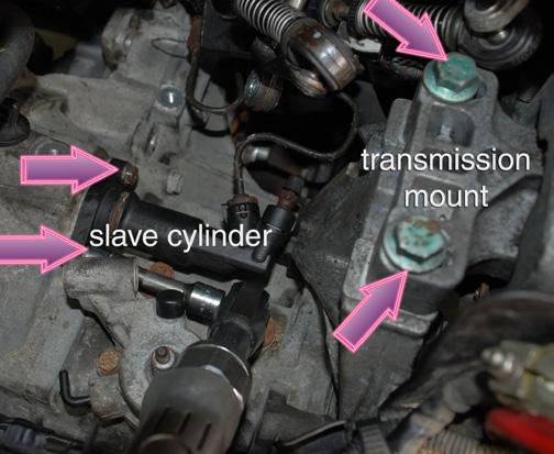 Remove both of the large bolts that secure the transmission mount to the mount support bracket (right arrows).