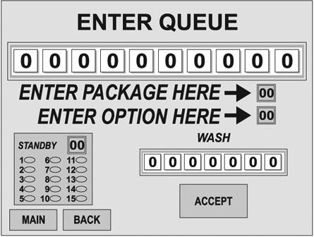 Chapter 4 Operator Interface/Standard Wash Operation Screens Queue Queue / More Queue To enter a wash, enter a Package number in the Package box. It will show in the Stand-By Box.