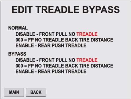 User / Input Bypass / Treadle - Edit Screen Key: NORMAL: This is the data entered into the Loading Setup screen and will be utilized for normal operation.