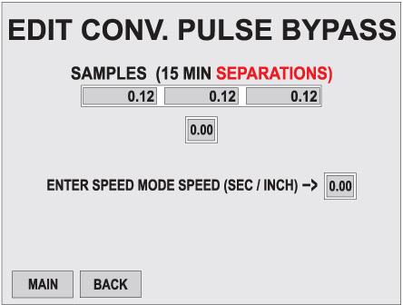 User / Input Bypass / Conveyor Pulse - Edit Screen Key: Speed is typed at the lower right of the screen.