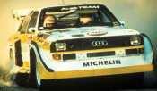 Scalextric C3410 Audi Sport Quattro 1985 1/32 scale slot car due 2014. Digital plug ready. Audi Sport No.5. Race: 1985 WRC Rally San Remo. Driver: Walter Rohrl.