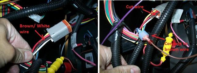 Install a male ¼ quick disconnect and connect to the brown wire from the new system harness. 15.