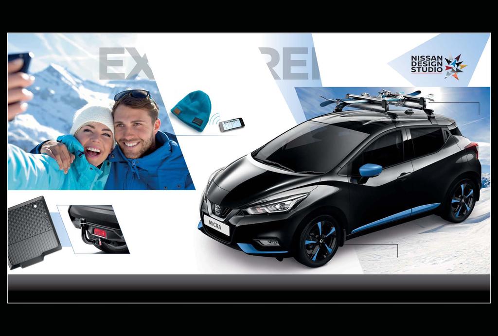XPLOR R SKI CARRIER FOR 4 PAIRS KE738-50002 BLUETOOTH BEANNIE WITH MUSIC SPEAKER* RUBBER MAT KE758-5F001 REMOVABLE TOWBAR KE500-5FB0A Combine MICRA in Enigma Black with a Power Blue exterior pack