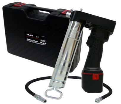 Electric Grease Gun and Accessories AccuLuber 14.4-S Ni-Cd Robust 14.4V Battery Operated Grease Gun with with filler nipple/air venting valve for 400gr. standard cartridges or 500gr. bulk fill.