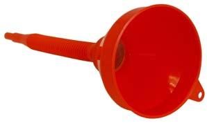 Funnel, red, with strainer and flexible screw-on detachable spout.