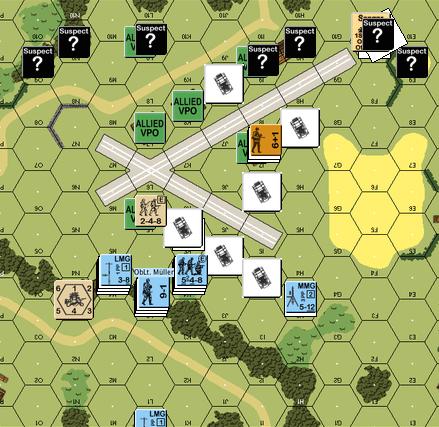 Allied Turn 4: Three Me109s appeared overhead. One 109 went after the AA gun north of the airfield, the other two attacked the AA gun at the end of the NW-SE runway from different directions.