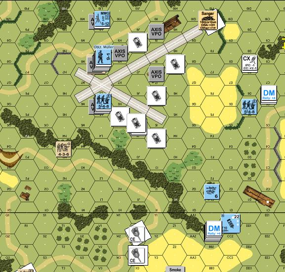 Kompanie C was in almost complete control of the airfield. German Turn 8: Despite sniper fire, Oblt. Müller s men finished clearing the airfield s buildings and captured the occupied HQ building.