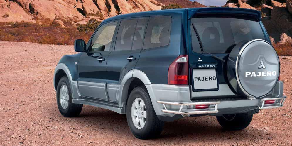 EXTERIOR STYLING Pajero shown with elegant spoiler, spare wheel cover with sticker, rear bumper lamp- and corner protector, double