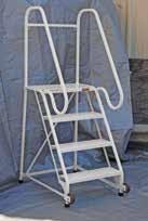 Straddle base ladders include a removable tool tray that measures 24" x 10". Available with perforated steps or grip strut steps. Blue baked-in powder-coated toughness.