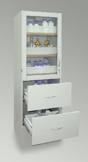 ACID AND ALKALI CABINETS as per TRGS 526 / BGR 120 SLS - CABINETS - WIDTH 600 MM For storage of acids and alkalis Body made of HPL-coated sheets - particularly impact, scratch and abrasion proof