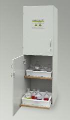 installing cabinet horizontally With central horizontal division for storage of acids and alkalis in separate compartments Ventilation via grid in rear panel of cabinet and DN 75 ventilation